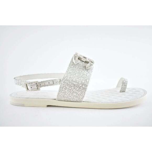Chanel 19C White Silver Fantasy Fabric CC Logo Ankle Strap Toe Sandal Flat 40.5c - Picture 2 of 12